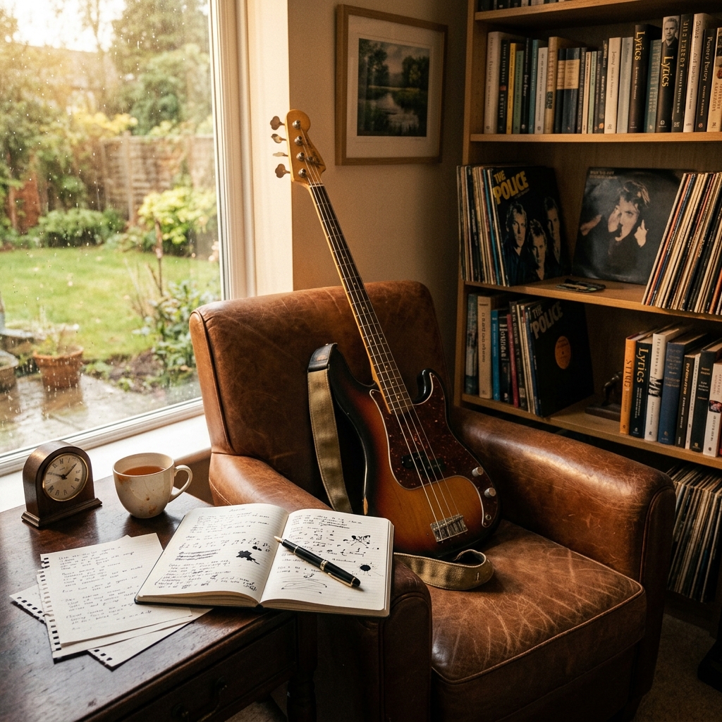 #Sting #SongwritingJourney #MusicInspiration #CreativeProcess #BassGuitar #ThePolice #MusicianLife #StudioVibes #LyricsAndTea #CozyWorkspace #HomeStudio #ArtisticReflection #MusicAndMemory #RainyDayWriting #VintageVibes